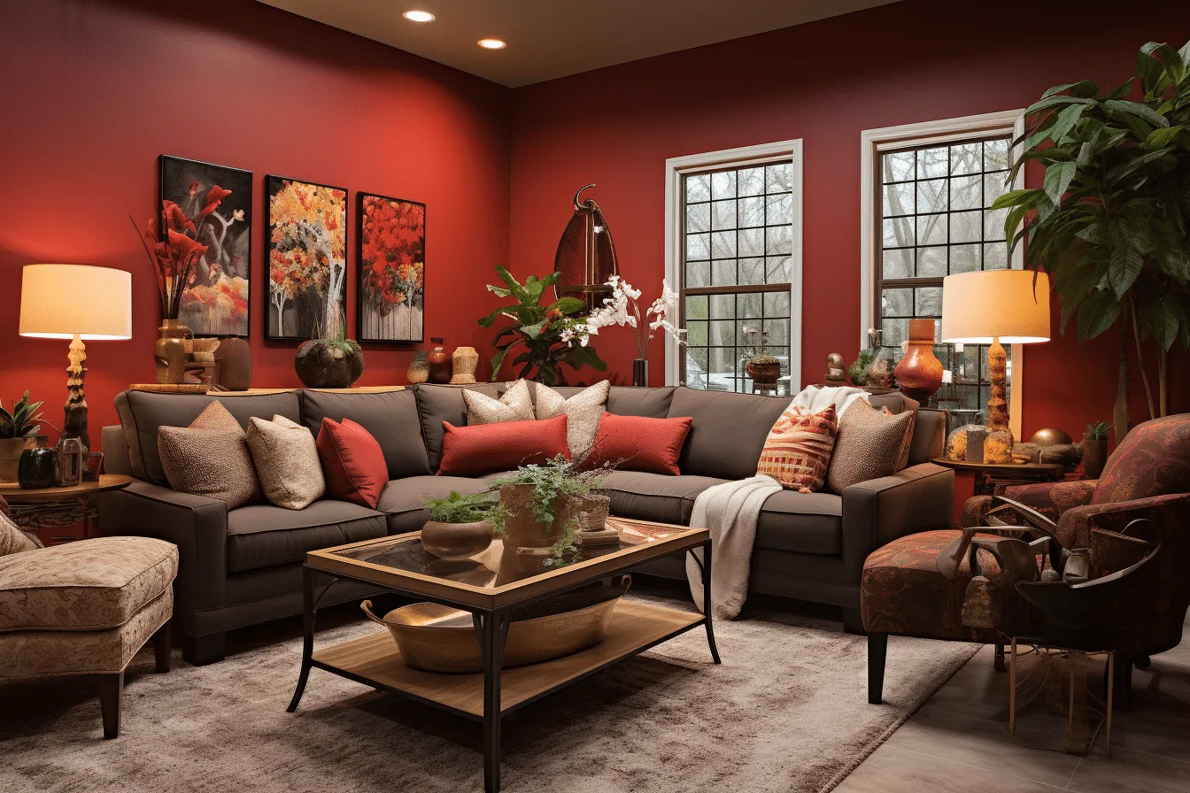 This living room is surrounded by large red walls, dark bronze and gray, nature-inspired, sigma 105mm f/1.4 dg hsm art, traditional color scheme, pastoral charm, lifelike renderings, mood lighting