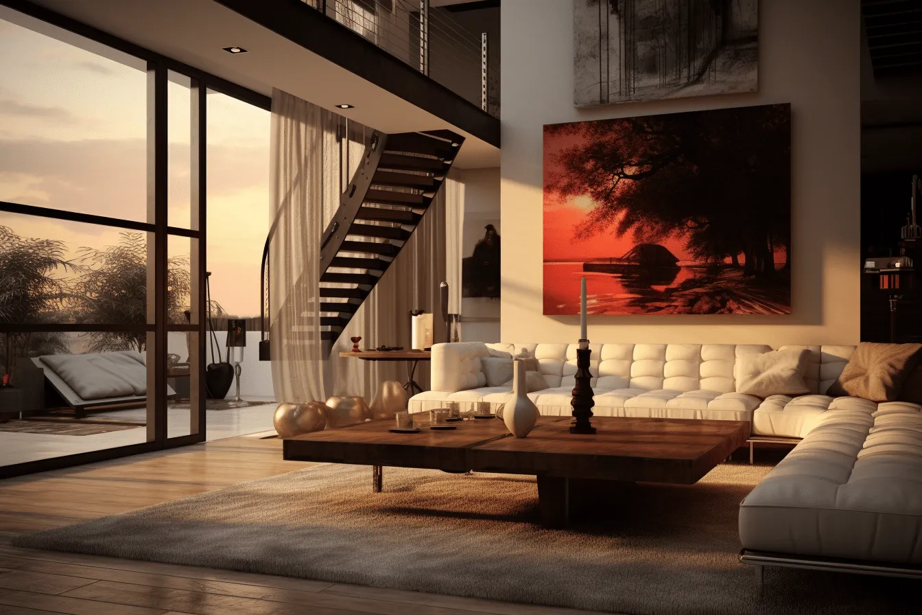 Living room with view to sunset, realistic and hyper-detailed renderings, tonalism, dark white and red, monumental scale, architectural, expressive textural quality, rendered in maya