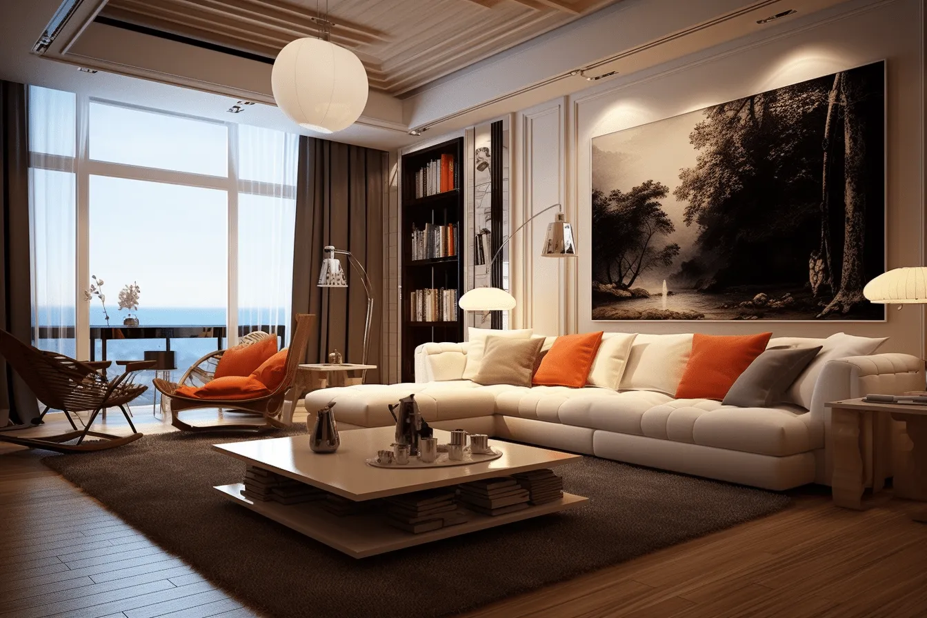 Living room with white upholstery and orange accents, realistic landscapes with soft edges, fine and detailed, utilizes, eye-catching, high detailed, dark white and brown, dark orange and light beige