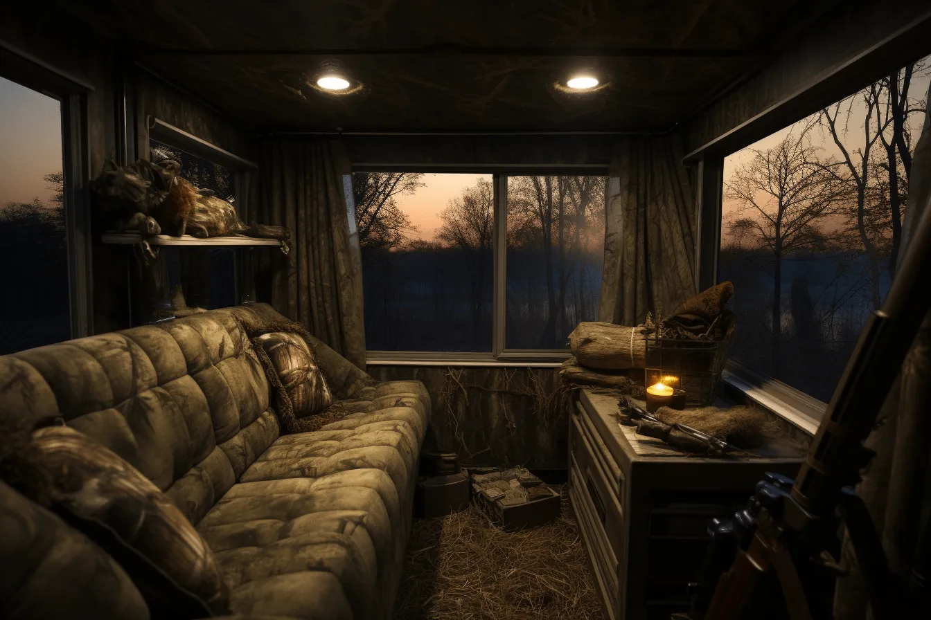 Living room with window and gun, dark, moody landscapes, wilderness, softbox lighting, campcore, varied brushwork techniques, dark bronze and beige, outdoor scenes