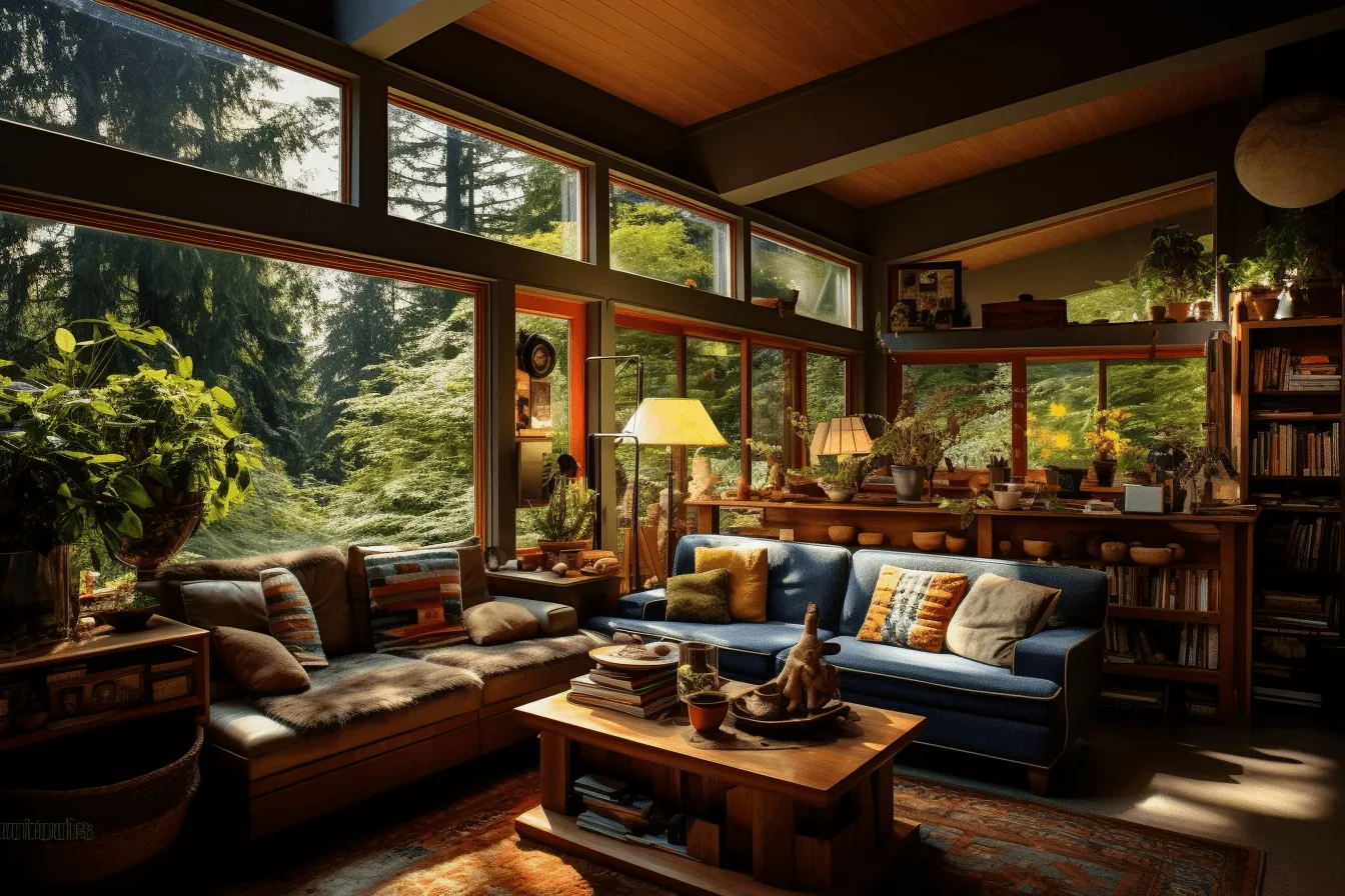 Living room with windows, naturalistic settings, warm tones, atmospheric environment