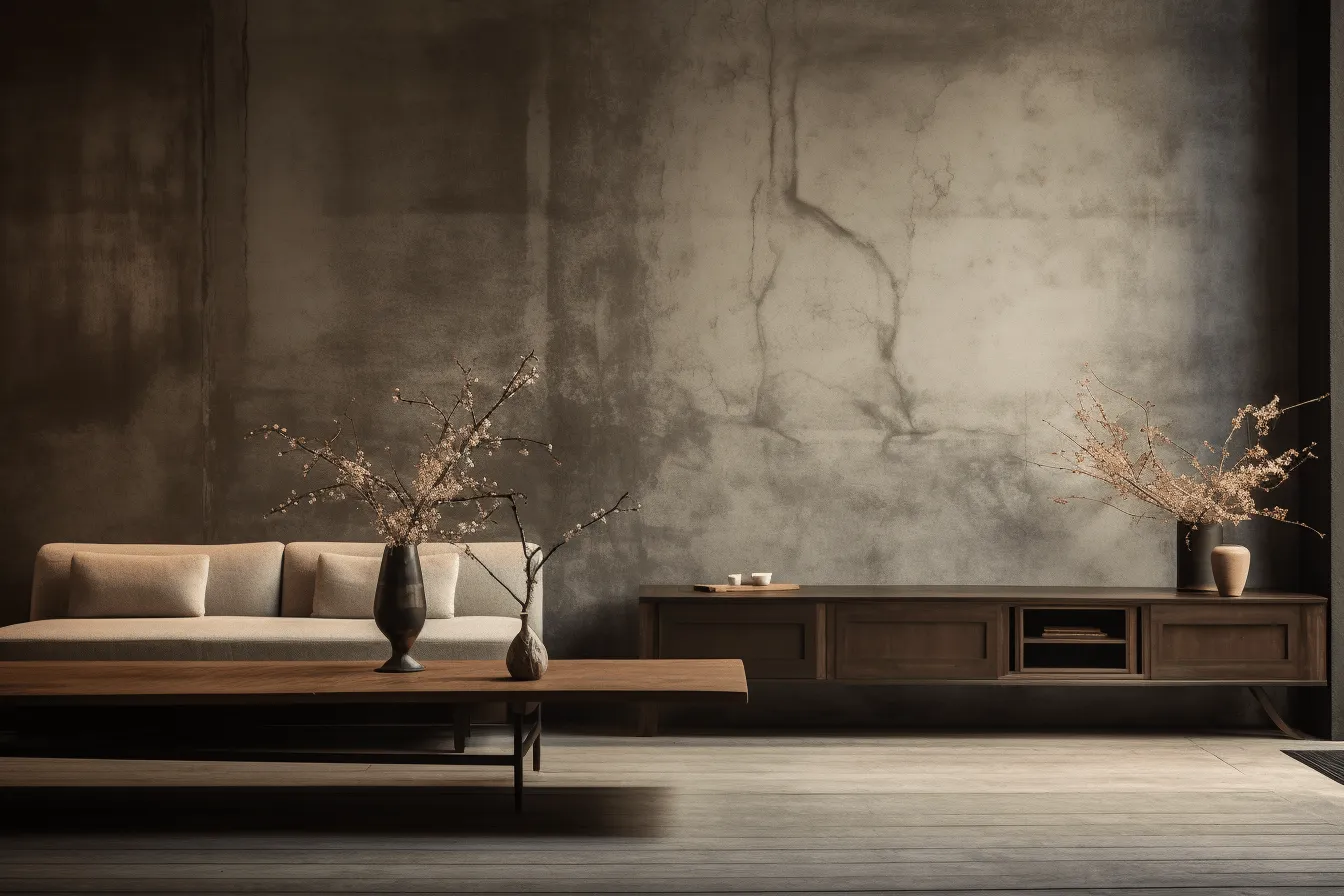 Image of a living room with coffee table and wall, subtle chiaroscuro, zen-inspired, tranquil still life, cherry blossoms, concrete, monochromatic color scheme, exquisite craftsmanship