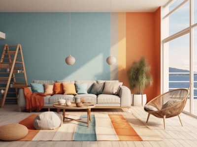 Lounge Room With An Orange And Blue Wall