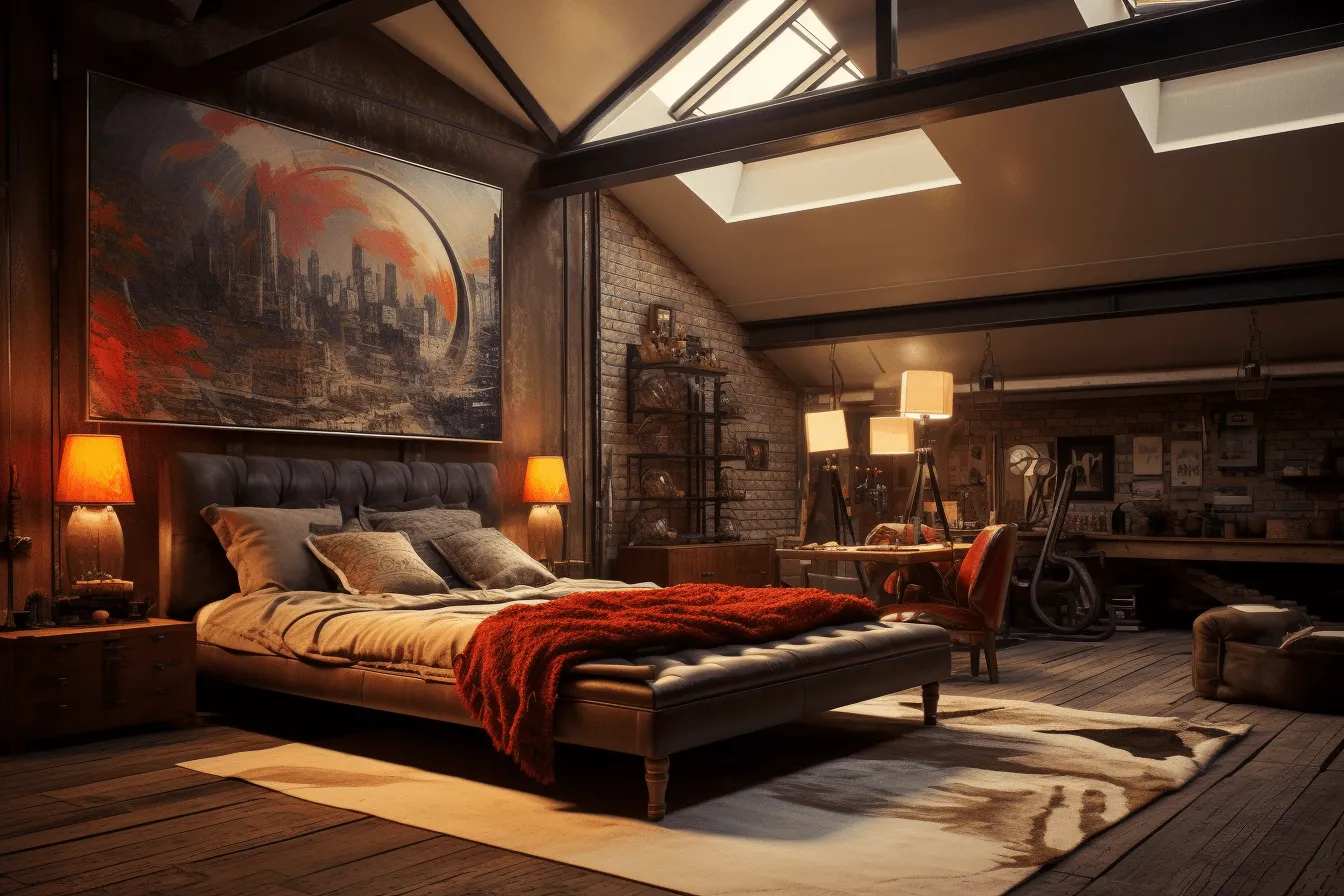 Bed with a red headboard, cryengine, industrial landscapes, romantic atmosphere, atmospheric scenes, solarizing master, adventure themed, 32k uhd