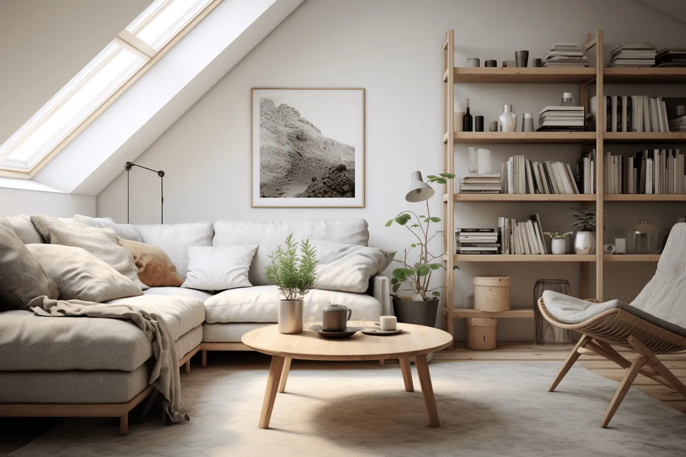 Loft living room with bookshelves and open plan cosy space, light brown and light beige, monochromatic realism, nature-inspired imagery, weathercore, sharp angles, norwegian nature, solarizing master