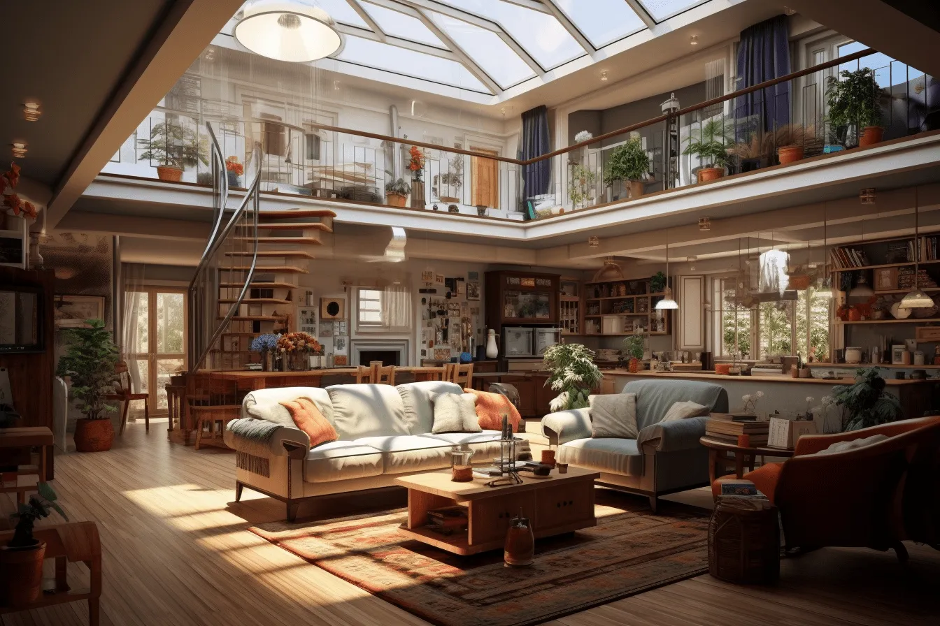 Well designed living room, unreal engine 5, depiction of everyday life, 32k uhd, atmospheric perspective, contemporary glass, vintage atmosphere, multilayered