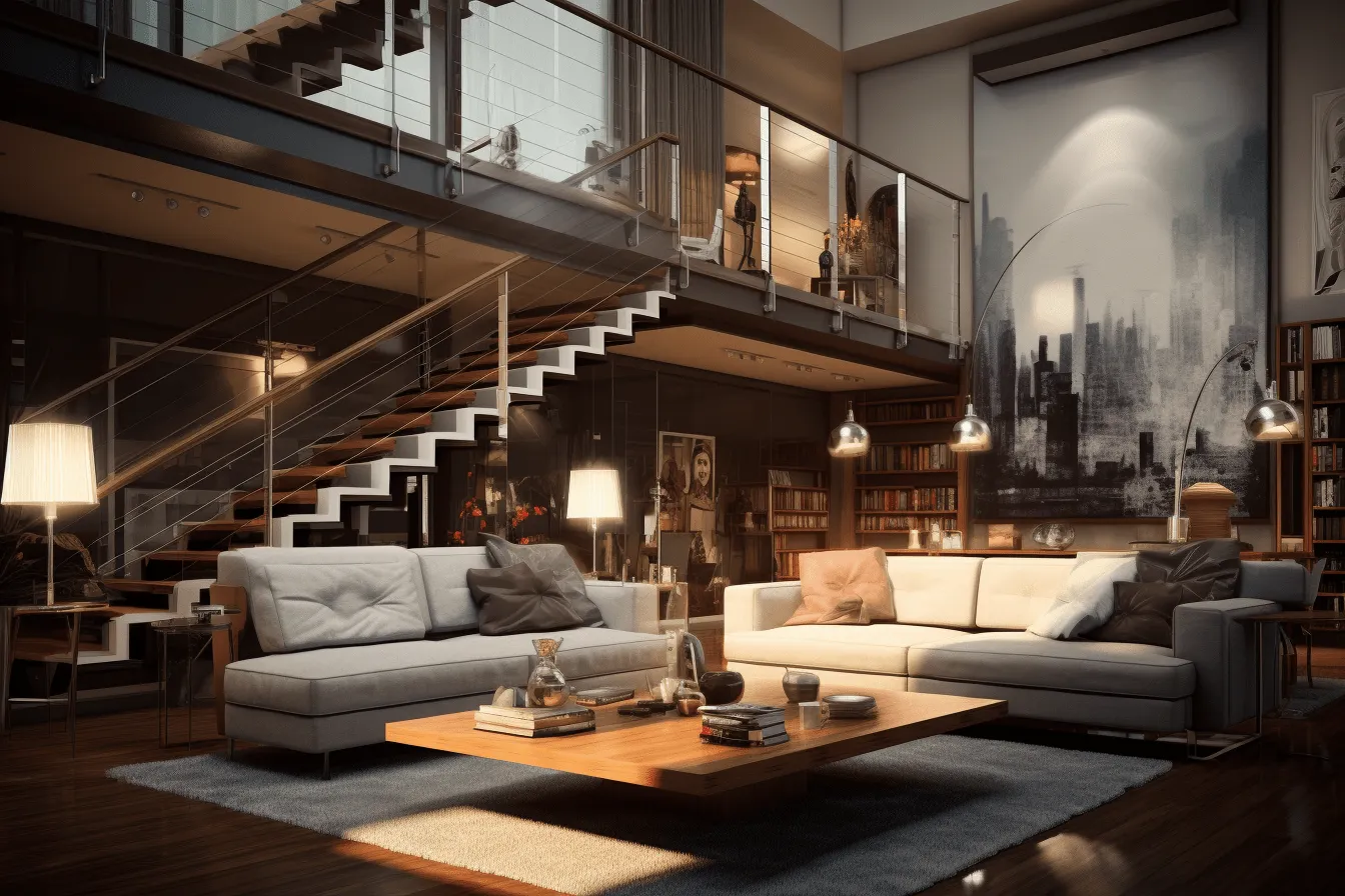 Apartment like living room with stairs in it, hyper-realistic urban, dark amber and silver, light-filled scenes, subtle lighting contrasts