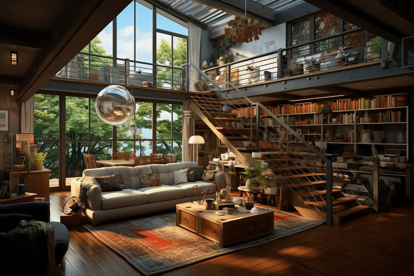 Loft style home with a staircase with lots of windows, realistic still lifes with dramatic lighting, detailed world-building, nature-inspired, retro visuals, bibliopunk, shiny, rich and immersive