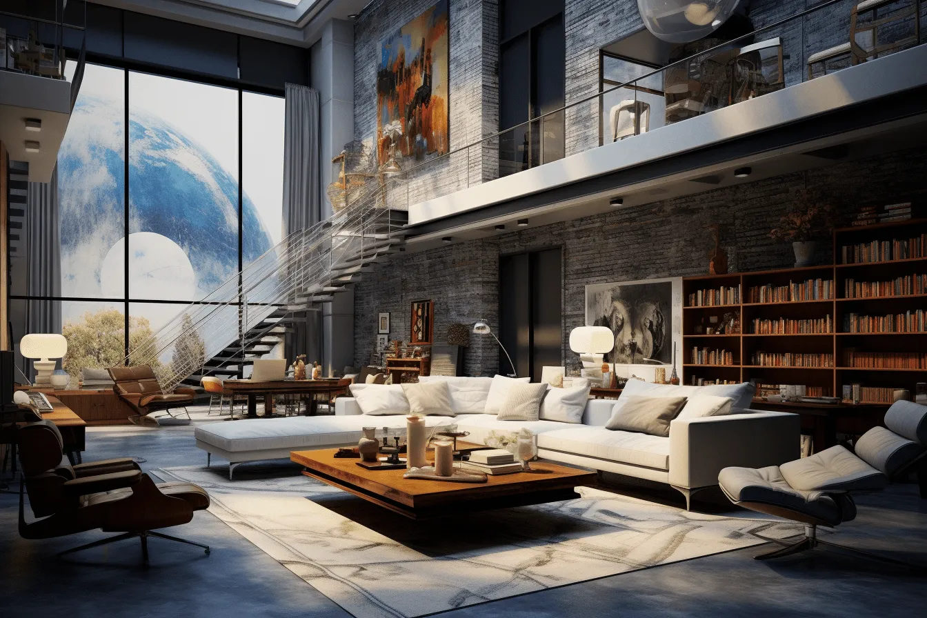 Loft style living room with large windows and big windows, detailed science fiction illustrations, dark white and light indigo, multi-layered collage-like, high gloss, solarizing master, hyperrealist, light gray and dark amber