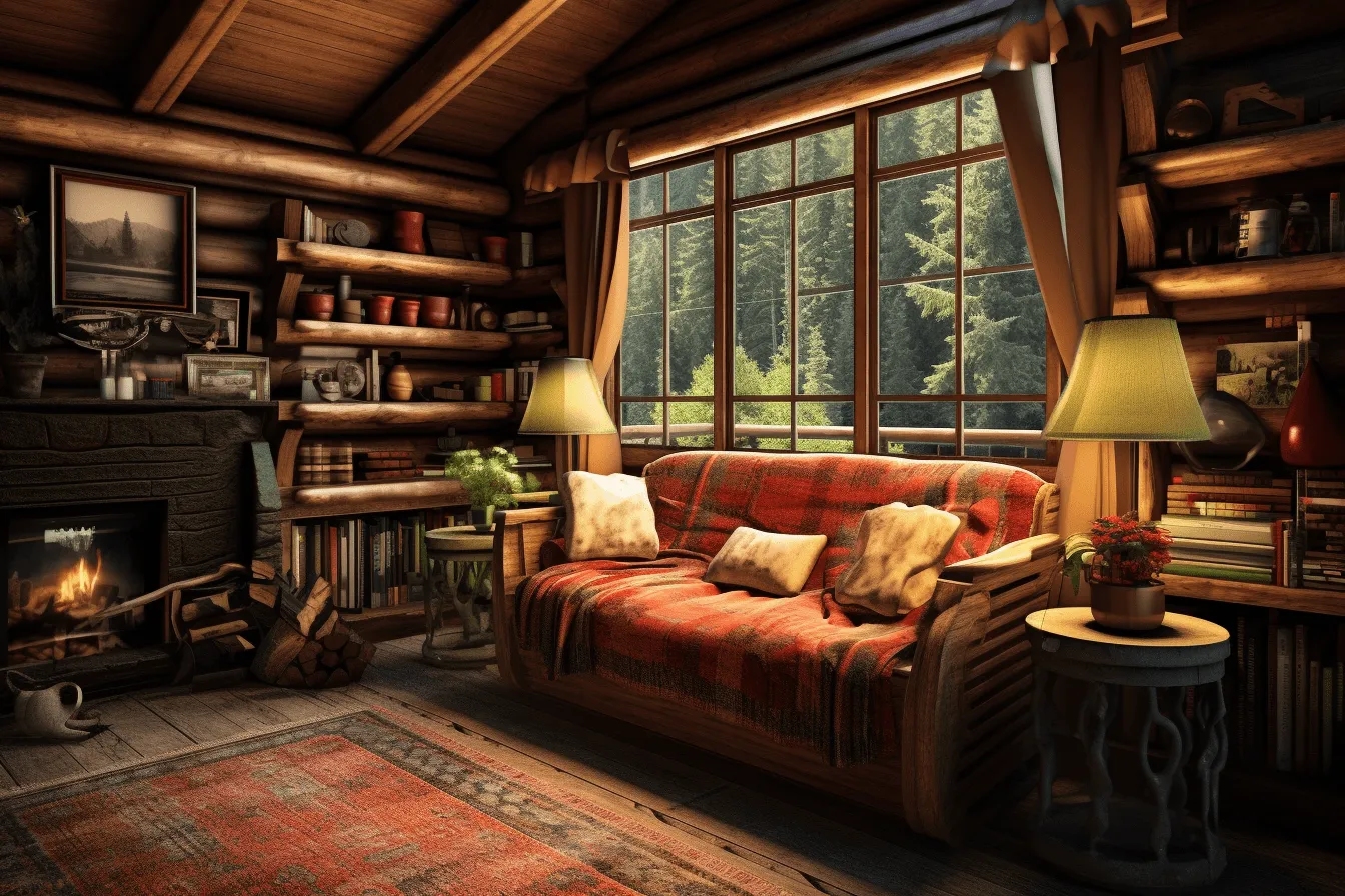 Log cabin with a fireplace, realistic and hyper-detailed renderings, uhd image, atmospheric ambience, studyplace, red and green, naturalist aesthetic, windows xp