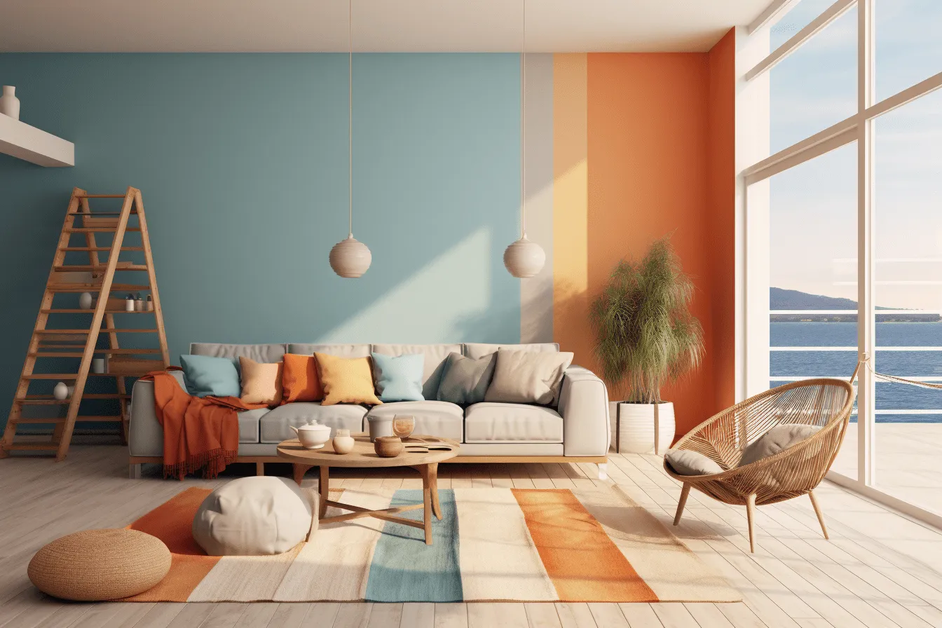 Orange and blue living room with a sofa and chair, light teal and light beige, striped, earth tone color palette, multi-coloured minimalism, serene oceanic vistas, retro, zen-inspired