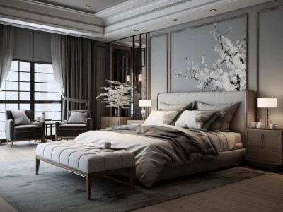 Luxurious Bedroom With Black Curtains And Gray And Grey Decor