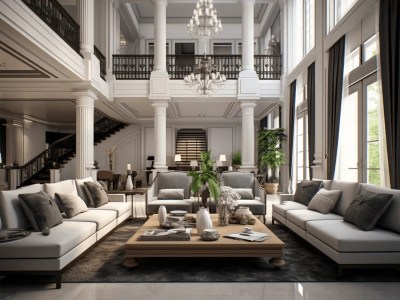 Luxurious Living Room With White Couches, Tables And Chandeliers