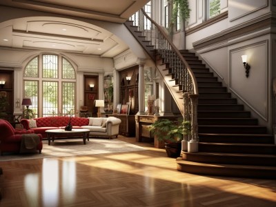 Luxury Looking Living Room Has A Staircase And Arched Windows