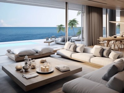 Luxury Villa Living Room Is Shown By The Sea
