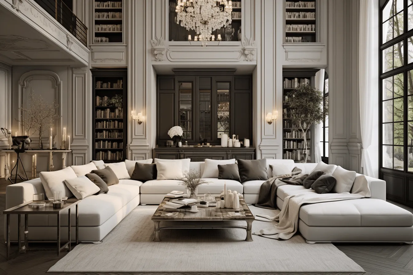 Luxe living room with a large bookcase and chandelier, neoclassical clarity, dark white and beige, les nabis, monochromatic depth, 8k resolution, paris school, richly layered