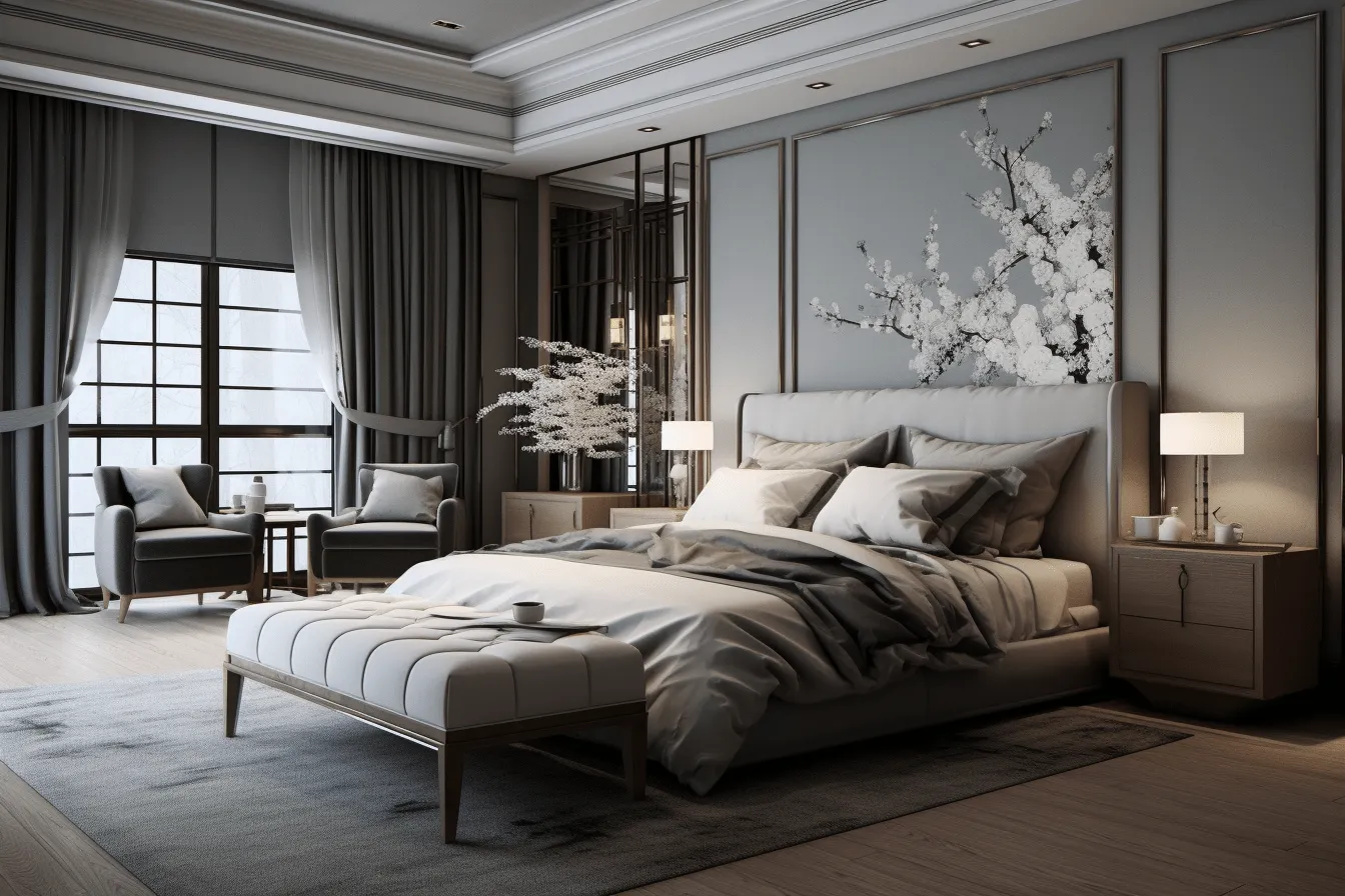 This master bedroom has gray walls and white furniture, vray tracing, song dynasty, highly detailed foliage, detailed monochrome, cherry blossoms, modernist style, neoclassical clarity