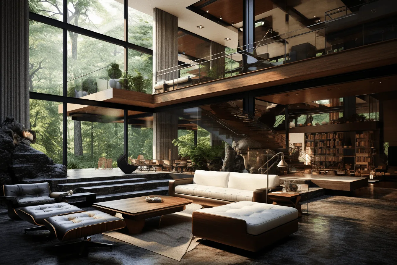 Luxurious interior with huge windows and oak deck, vray tracing, mysterious jungle, 32k uhd, contemporary glass, realistic and hyper-detailed renderings, meticulously detailed, detailed