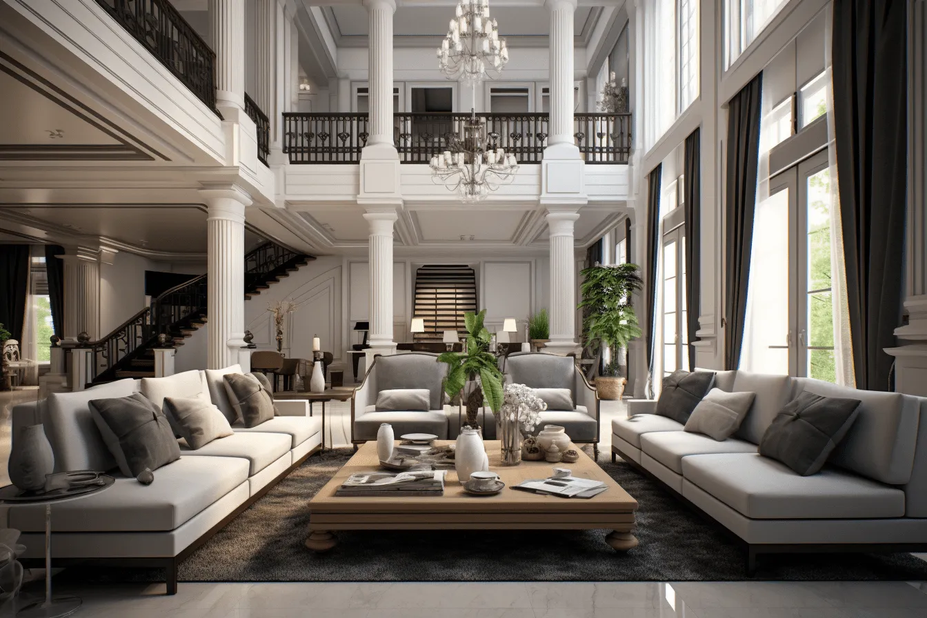 Luxurious living room with white couches, tables and chandeliers, neoclassical clarity, dark gray and brown, clean and streamlined, richly layered, detailed architecture, asian-inspired, multilayered