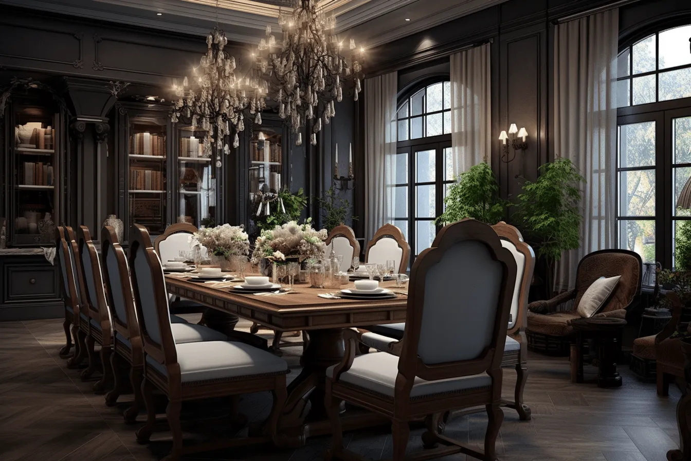 Luxury dining room with chandeliers, vray tracing, dark gray and brown, traditional vietnamese, 32k uhd, detailed monochrome, biedermeier, layered translucency
