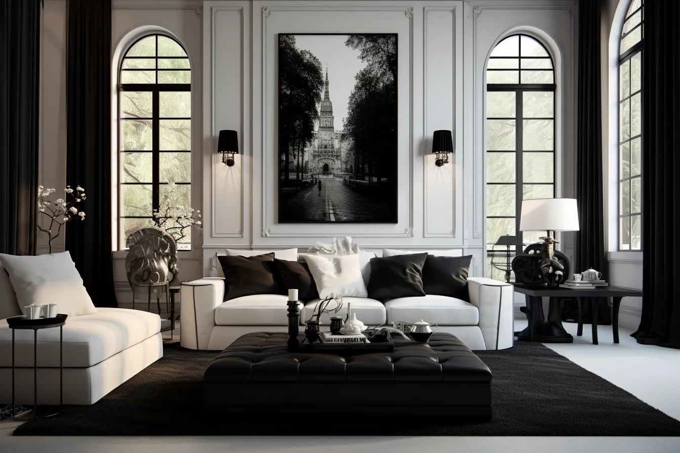 Artistic living room with white black furniture and a framed view, neoclassical clarity, vignettes of paris, large canvas sizes, dark and brooding designer, 8k resolution, monochromatic, classical architecture