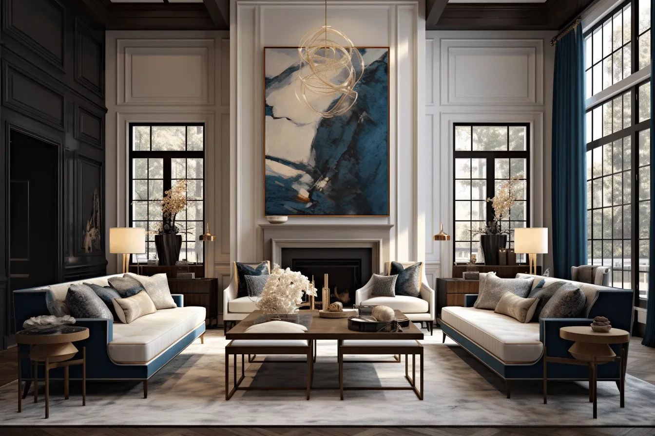 Living room with an oversized painting, light indigo and dark beige, daz3d, classical revival, dark white and teal, polished craftsmanship, dynamic contemporary, poured