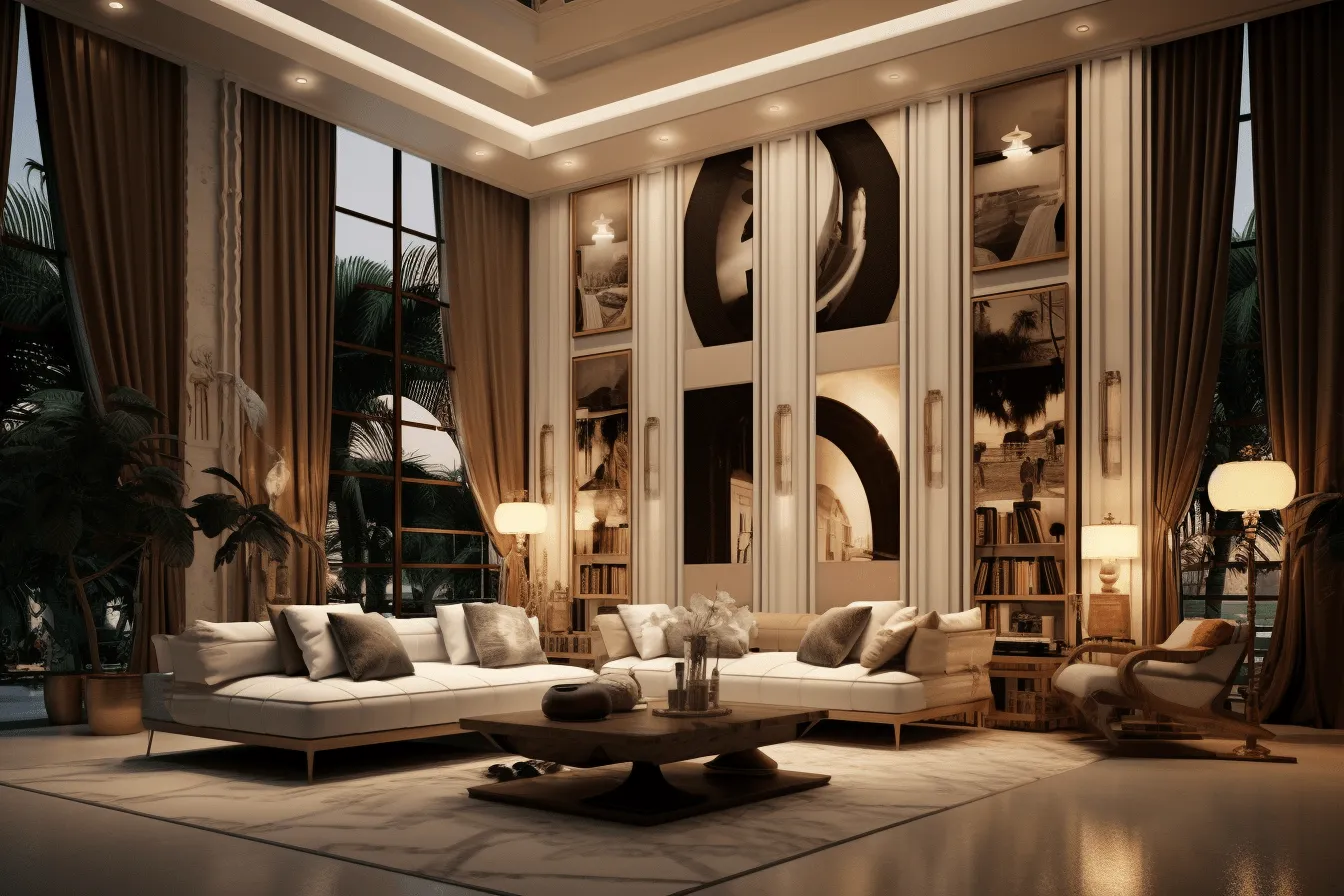 Luxury living room has a large picture hanging, vray tracing, orientalist influence, dark white and light beige, enchanting lighting, post-war french design, sculptural volumes, traditional craftsmanship