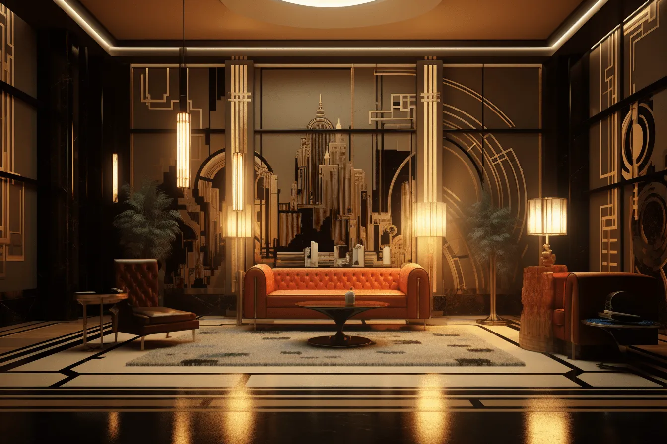 New deco inspired living room with lighting, light wall, sofa, couches, large coffee table and book shelf in a dark room, art deco futurism, dark orange and light gold, unreal engine 5, new york cityscape, vintage aesthetics, detailed world-building, architectural transformations
