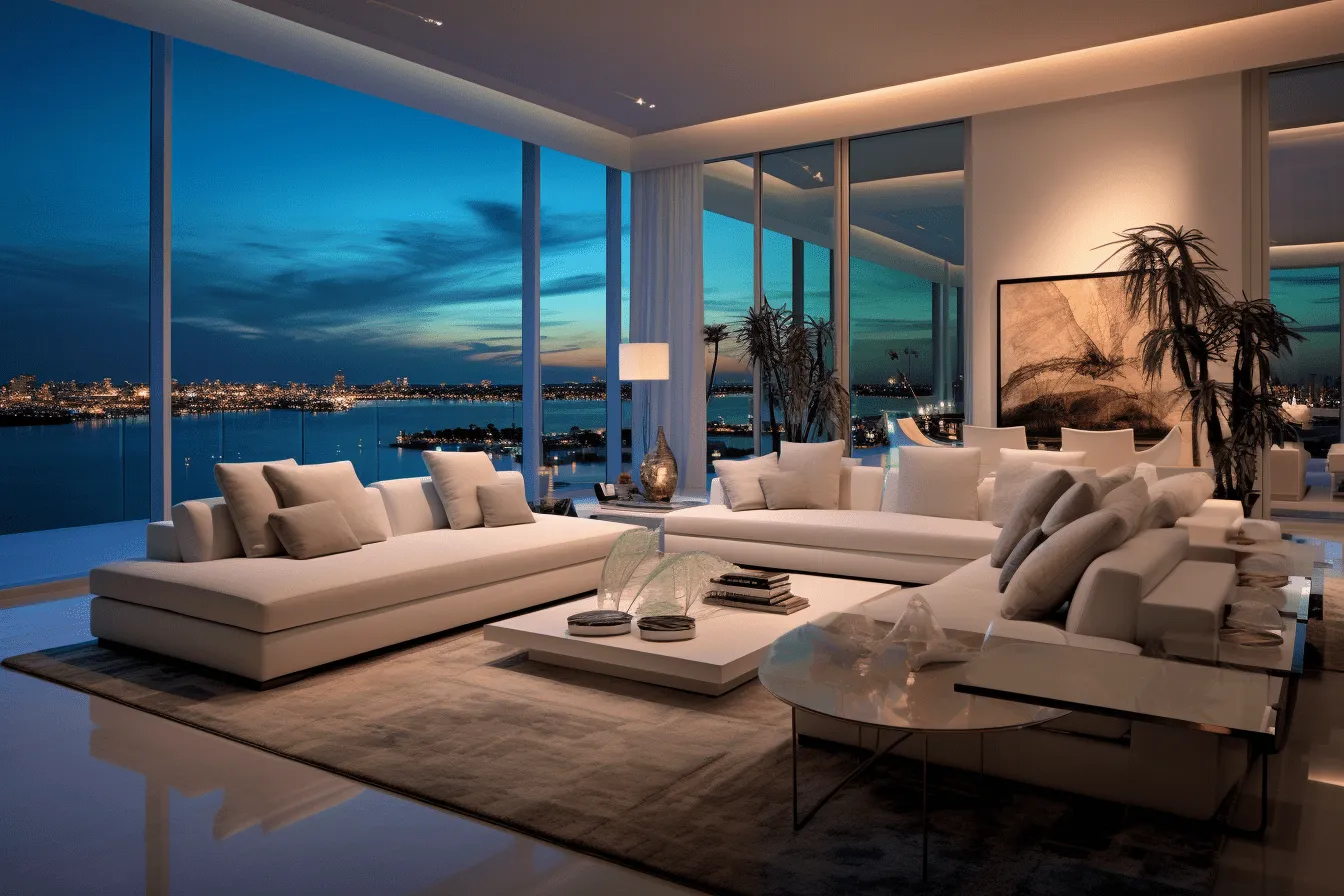 Luxury living room with water view, tonalist skies, neon-lit urban, photorealistic renderings, monochromatic white figures, pentax k1000, captivating lighting, detailed marine views