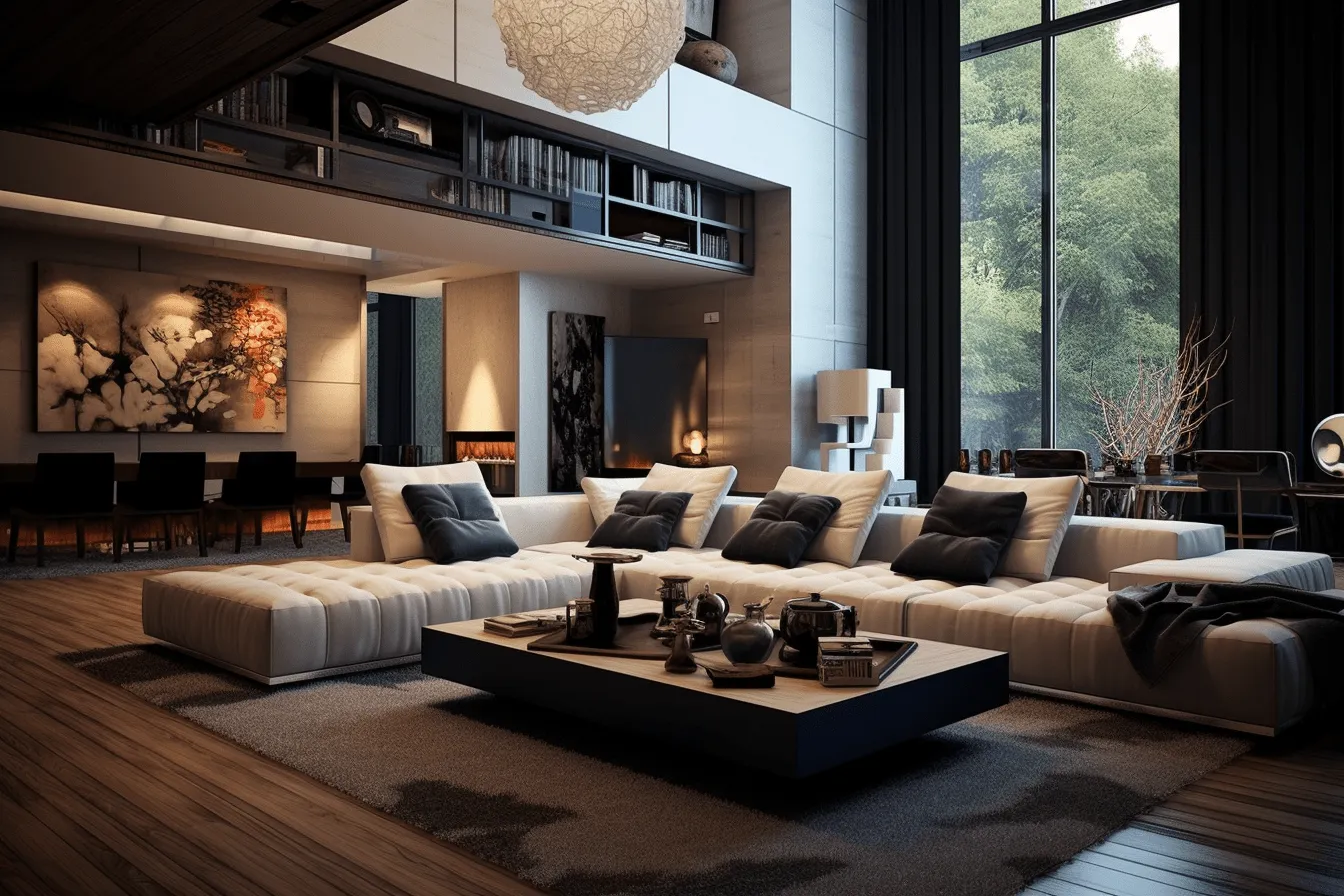 In modern living room showcasing large windows, soft, atmospheric lighting, expansive