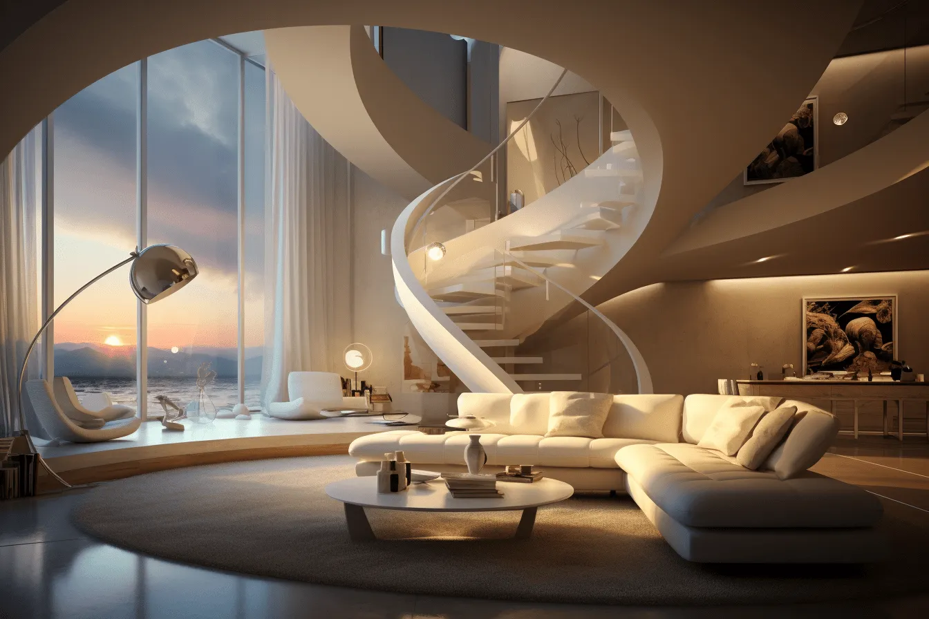 Living room has an angular staircase, photorealistic rendering, circular shapes, seaside vistas, dreamlike architecture, dark white and light gold, spiral group, made of glass