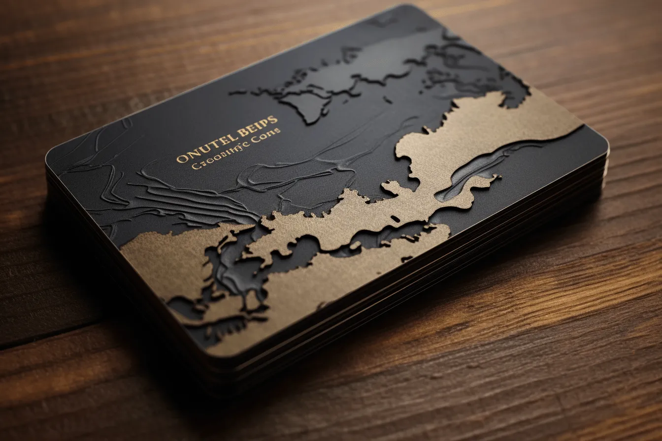 Business card with a map on it, dark black and bronze, carved surfaces, romantic riverscapes, bold shadows, gongbi, sculpted, wood