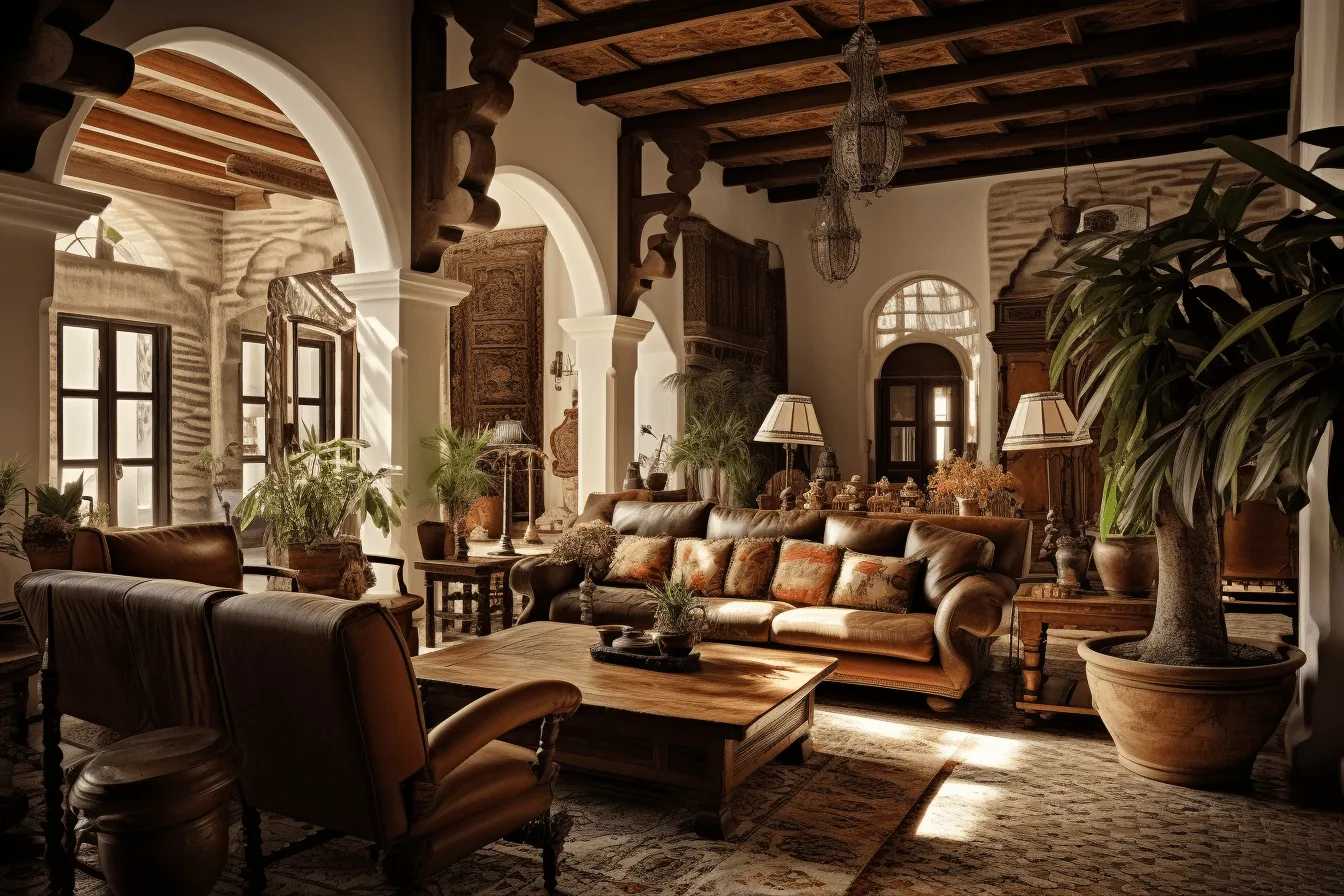 Oriental living room with oriental furniture, mediterranean landscapes, sepia tone, 32k uhd, melds mexican and american cultures, detailed architecture, leather/hide, muted, earthy tones