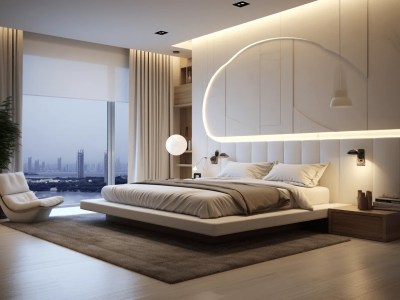 Modern Bedroom That Features A Large White Bed With A City View