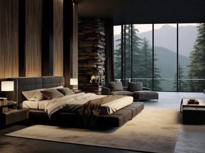 Modern Bedroom With A Mountain View And Black Furniture