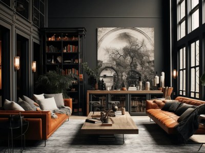 Modern Elegant Black Leather Room With Black Furniture And A Bookcase