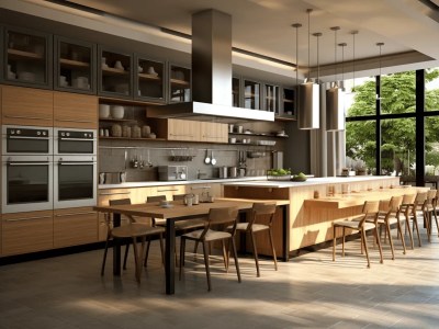 Modern Kitchen With High Ceilings And Lots Of Wood Cabinets Inset With Stone