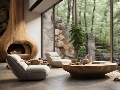 Modern Living Room Area Outside In The Woods With A Large Window