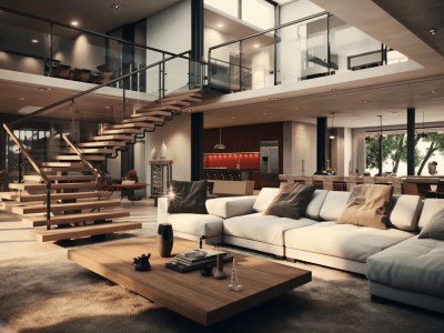Modern Living Room With Couches And Stairs In The Middle
