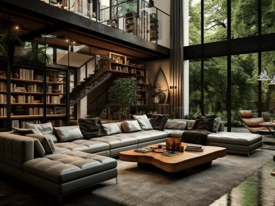 Modern Living Room With Tall Ceilings And Large Windows