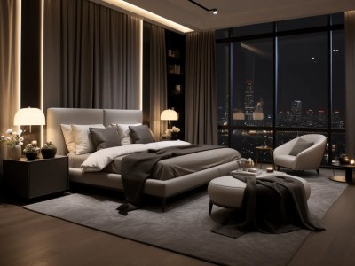 Modern Luxury Bedroom With High Ceiling, Bed, Couches And Bedside Table