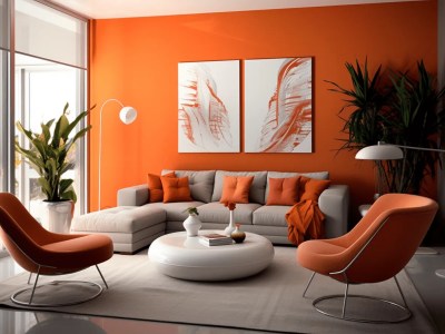 Modern Orange And White Apartment Living Room Design With Grey Furniture