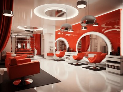 Modern Style Beauty Salon With Red Walls And Chairs