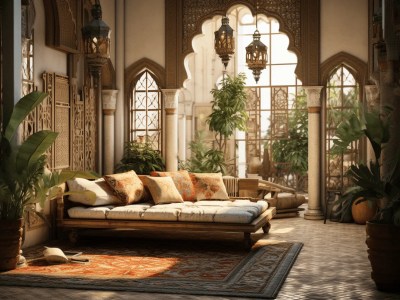 Moroccan Living Room 3D Rendering With Plants And Plants