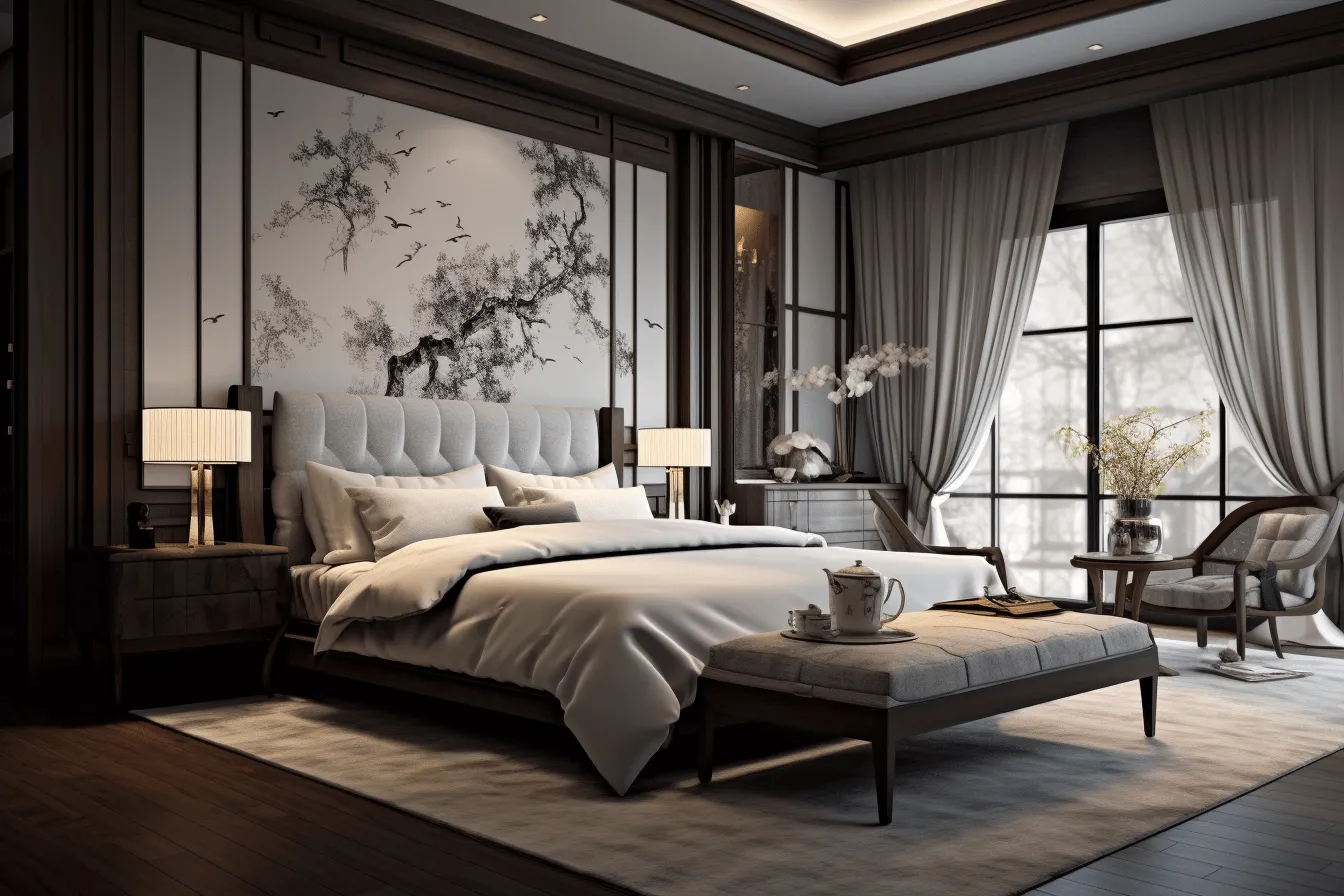 This home has one of the most beautiful bedrooms, sumi-e inspired, realistic chiaroscuro, ambient occlusion, vignetting, oriental, dark tones, monochromatic masterpieces