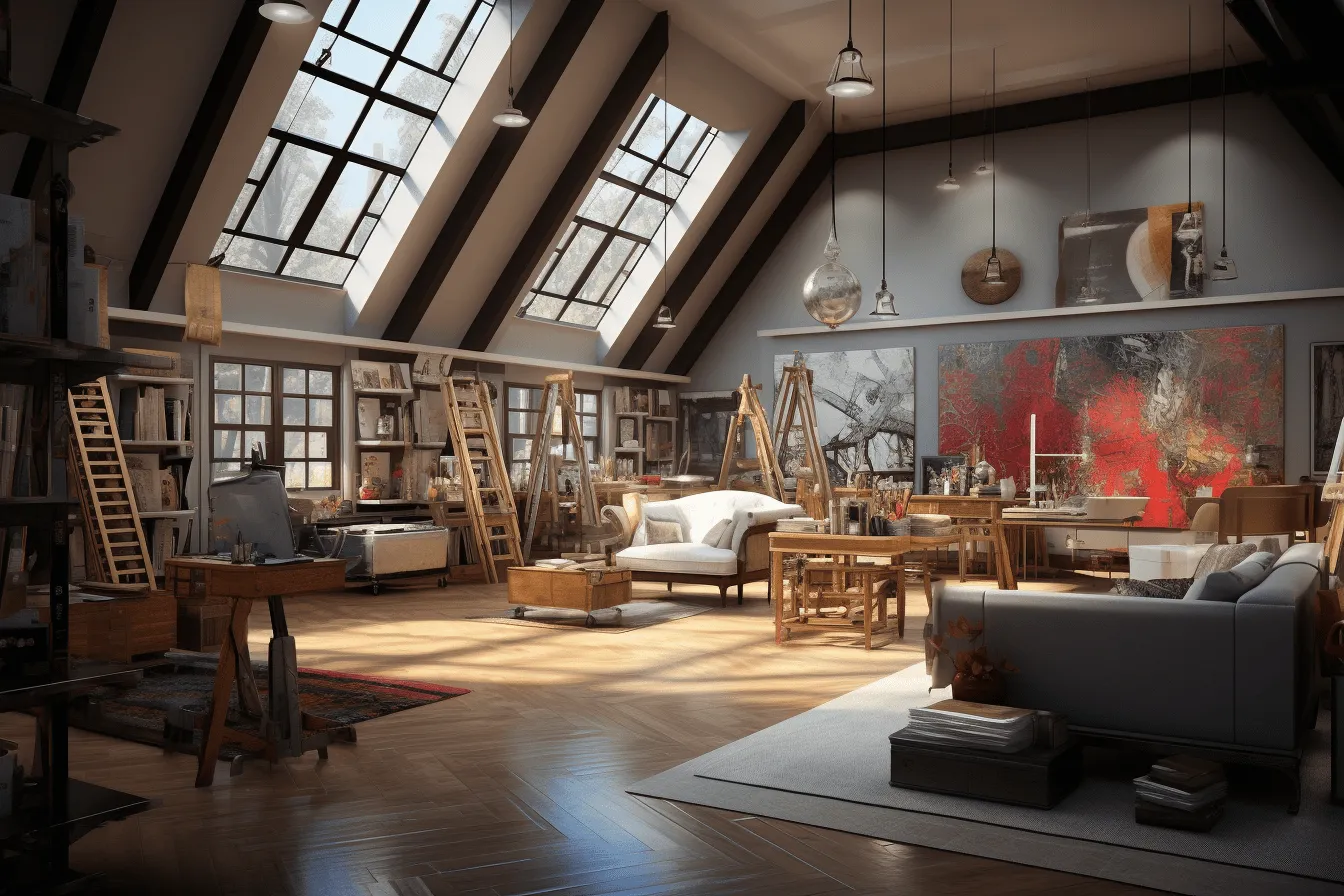 Gallery of the artistic design of an artist, vray tracing, unreal engine 5, 20th century scandinavian style, daz3d, industrialization, detailed world-building, accurate and detailed