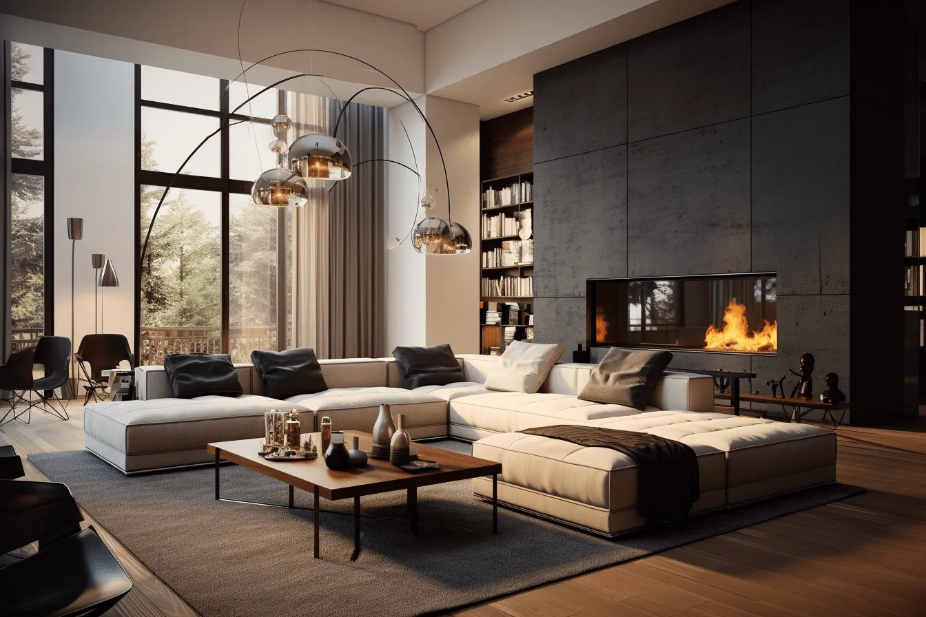 Modern and open living room with lots of windows, atmospheric and moody lighting, light beige and dark amber, oversized objects, multidimensional layers, natural materials, dark gray and beige, highly detailed