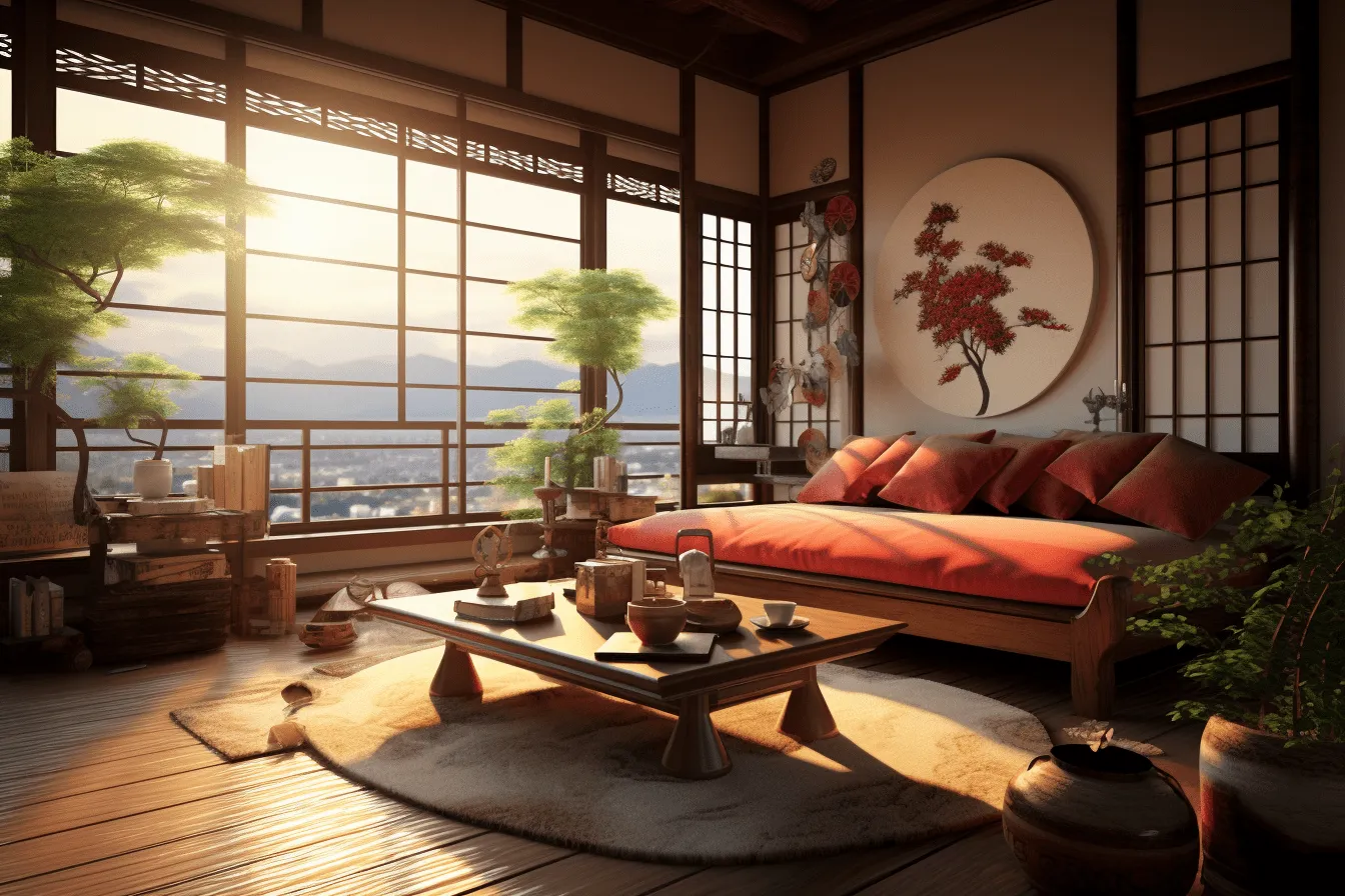 Sofa is on the floor, traditional chinese landscape, daz3d, light red and dark amber, elaborate kimono, grandiose cityscape views, ray tracing, tranquil