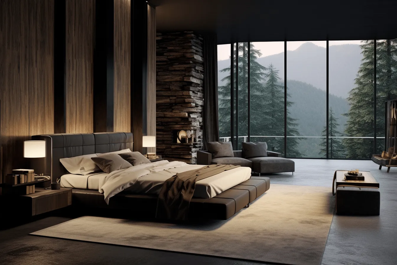 Interior design ideas for small bedrooms that have a large bedroom and a view of the mountains, dark, moody landscapes, 8k 3d, realistic chiaroscuro, earthy naturalism, contemporary glass, dark gray and light brown, wilderness