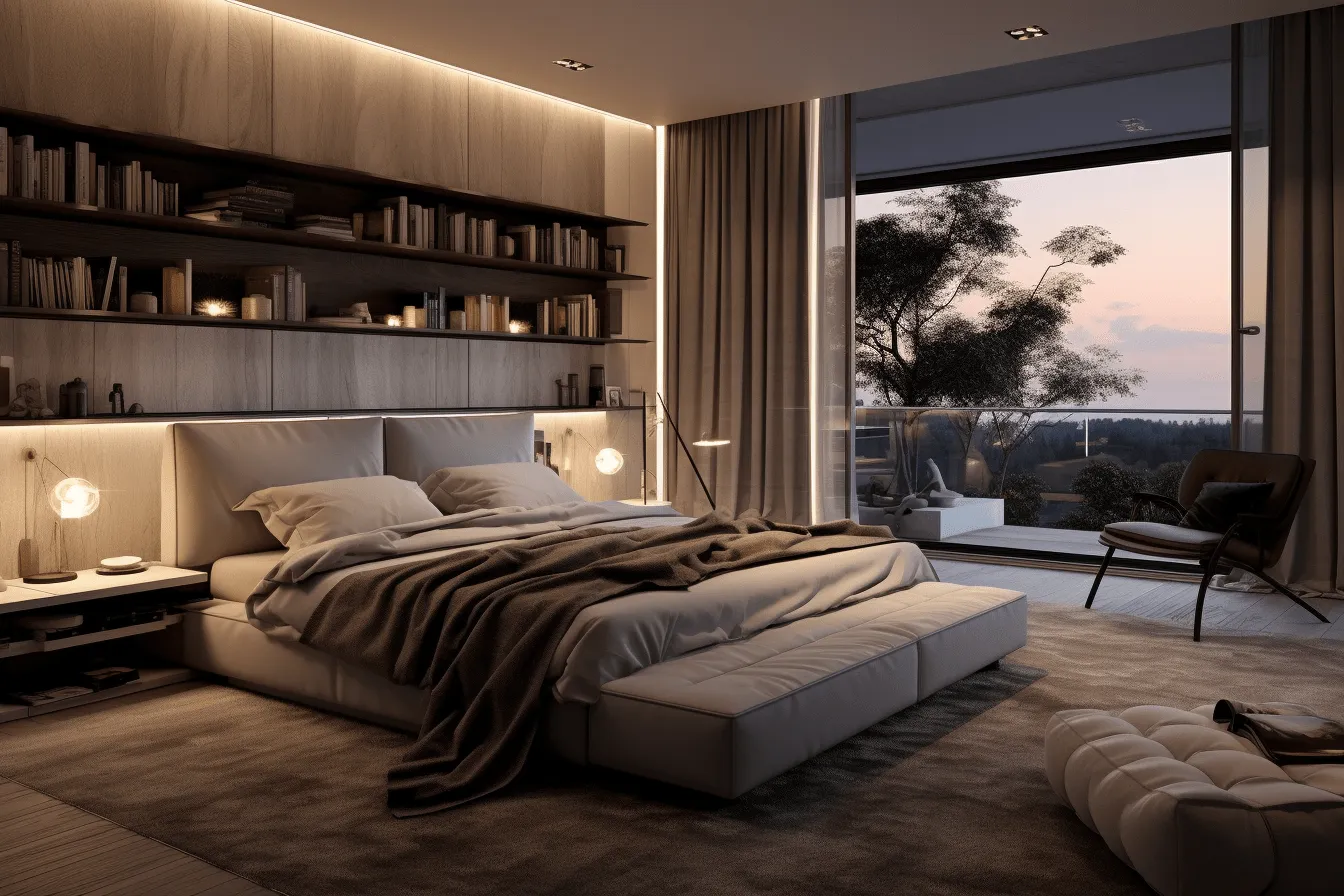 Large bedroom with a large view, volumetric lighting, daz3d, australian landscapes, zeiss batis 18mm f/2.8, warm tonal range, atmospheric ambiance, ferrania p30